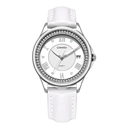 Comtex Mädchen-Armbanduhr mit Weiß Lederband Römischen Ziffern Wasser Resistent Kalender Comtex Mädchen-Armbanduhr mit Weiß Lederband Römischen Ziffern Wasser Resistent Kalender