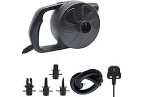 BOMPOW Electric Air Pump Inflate Deflate with 4 Nozzles, Portable Pump for AirBed, Paddling Pool, Swimming Ring or Other Camping Travel Inflatables, UK 3 Pin Plug, AC 230V / 300W