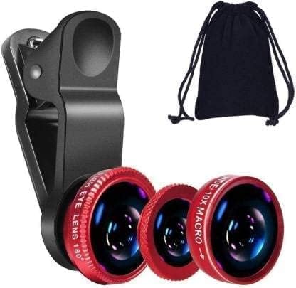 ALAM Universal Mobile Phone Telephoto & Wide Angle Lens Kit - 0.45X HD Camera Lens (3 in 1) - Black & Red