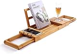 Utoplike Bathtub Caddy Tray Shelf Across Tub, Bamboo Expandable Bath Tub Rack Holds Book Wine Glass Towel ipad Phone Food Tablet Soap for Bathroom Spa