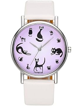 JSDDE Uhren,Katze Design Lila Dial Armbanduhr Damen Rund Uhr PU Leder Analog Vintage Quarzuhr,Weiß