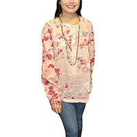 Mogul Interior Womens Peach Tunic Top Floral Print Button Front Blouse Shirt M