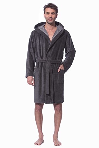 Morgenstern, Herren Kurz-Bademantel, mit Kapuze, Gr. M, anthrazit ( dunkel grau) , Größen S bis XL verfügbar, Außenseite kuschelige Microfaser Innenseite saugstarke Baumwolle ( Frottee ) - 5