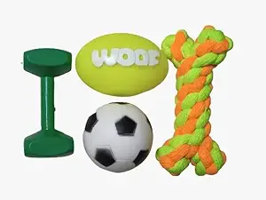 PSK PET MART Puppy and Dogs Chew Rope Squeaky Teething Toys | Dummy | Plastic Dumbbell | Woof Rugby Ball | Squeaky Football, Combo (Pack of 4)