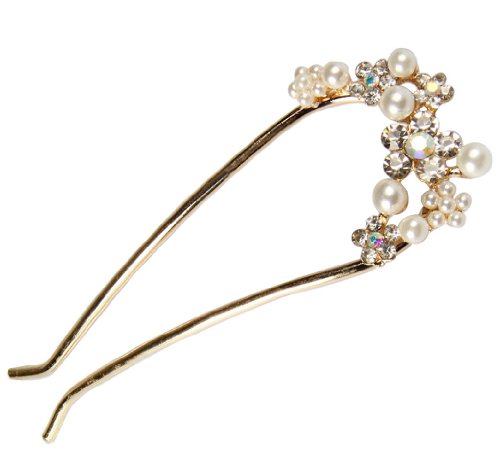 niceeshop(TM) Elegant U Shape Teeth Fax Pearl Bling Rhinestone Prong Hair Clips,Gold White