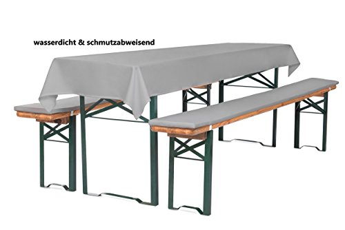 Auflagenset für Bierzeltgarnitur Bierbankauflagen 220 cm (Schaumstoff Extra Stark RG30/50) mit Tischdecke (100x250 cm) Grau (wasserdicht/ schmutzabweisend)
