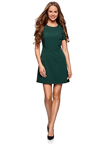 oodji Ultra Mujer Vestido de Manga Corta con Decoración de Botones, Verde, ES 38 / S