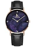 Alienwork Damen-Armbanduhr Quarz Rose-Gold mit Lederarmband schwarz blau Perlmutt Ultra-flach Slim-Uhr elegant
