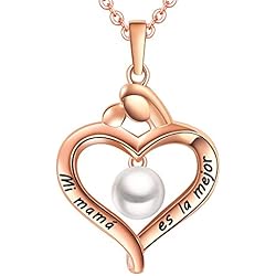 LOVORDS Collar Mujer Grabado Plata de Ley 925 Colgante Corazón Mamá Hijos Perla Cultivada Blanca de Agua Dulce 6mm Regalo Madre