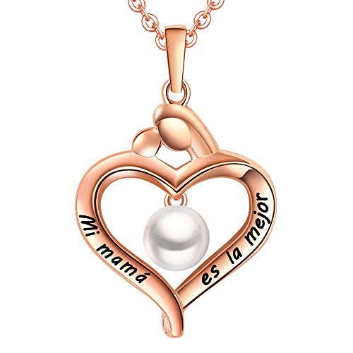 LOVORDS Collar Mujer Grabado Plata de Ley 925 Colgante Corazón Mamá Hijos Perla Cultivada Blanca de Agua Dulce 6mm Regalo Madre