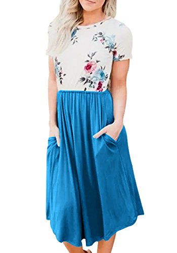 Womens Short Sleeve Pocket Floral Print Patchwork Casual Swing Midi Dress