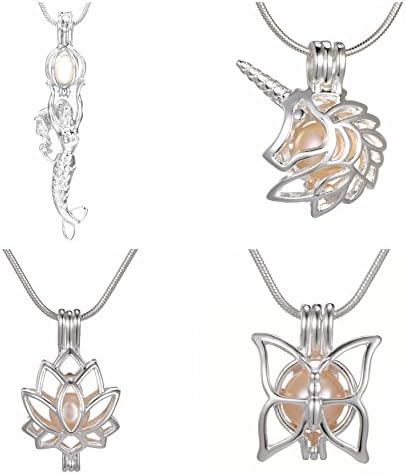 4pcs Mix Unicorn Butterfly Lotus Mermaid Wish Love Locket Pearl Cage 925 Silver Tone Necklace Pendant Freshwater Cultured Pearl Beads Gift Charms Chain 17.7"