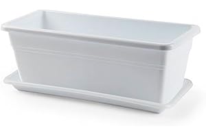ZEWOOL Acan Tradineur - Jardinera "Eva" de plástico con plato "Adán" 16 litros. Macetero, maceta para plantas y flores rectangular de plástico con agujeros de drenaje (40 cm, Blanco)