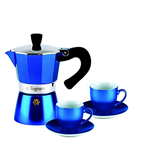 Espressokocher / Espressobereiter mit 2 Espressotassen aus Porzellan, in blau metalic von TOGNANA Espressokocher / Espressobereiter mit 2 Espressotassen aus Porzellan, in blau metalic von TOGNANA Bilder