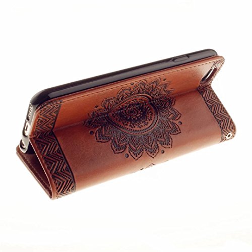 iPhone 7 Hülle, iPhone 7 Schutzhülle, MUTOUREN für iPhone 7 4.7 Zoll Handyhülle Brieftasche Gürtelhändytasche Bookstyle Wallet Flip Case Lederhülle mit Standfunktion Kartenfach Magnetic lock Ultra dünn Wallet Case Geprägtes Muster Henna Indische Sonne Mandala Rraun + Stylus Pen - 6