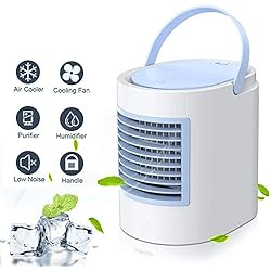 Climatiseur Portable, Refroidisseur d'air 4 en 1 Ventilateur de Climatisation Silencieux Mobile Mini Personnel Air Refroidisseur Humidificateur 3 Vitesses (Bleu)