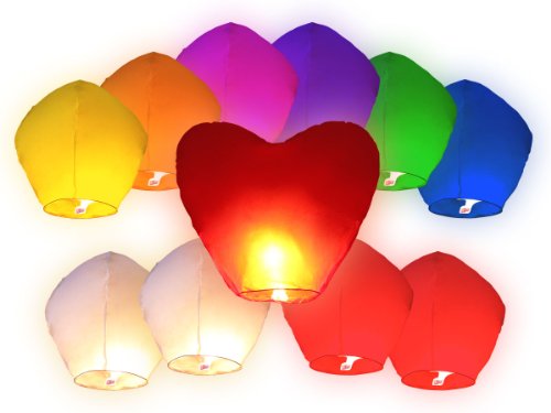 11 PZ Lanterne cinesi volanti (10 PZ lanterne multicolore Misti + 1 lanterna cuore rosso gigante) Sky Lanterna Cinese Volante del cielo regalo di compleanno matrimonio San Valentino romantico serata romantica uomo donna sorpresa per bambino bambini festa spettacolo all'aperto in carta di riso