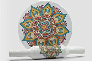 White Marble Roti Maker with Wooden Belan Enamel Print/White Marble Chakla 10 Inch Diameter with Belan Design 25