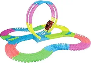 Plutofit 360 Stunt Loop Magic Tracks Bend Flex & Glow Racetrack with LED Flashing Race Cars (Multicolour) 135 Pieces