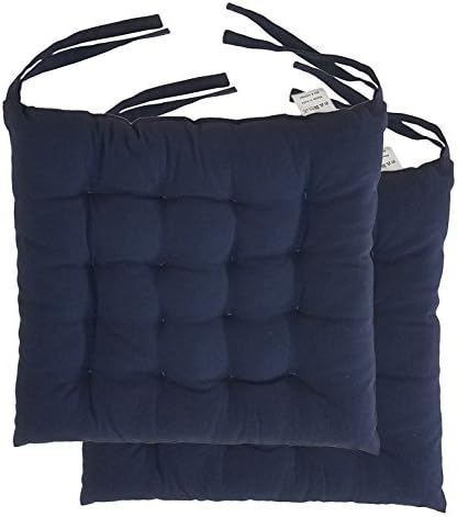 Cottone 100% Cotton Chair Pads w/ Ties (Set of 2) | 16” x 16” Square | Extra-Comfortable &amp; Soft Seat Cushions | Ergonomic Pillows for Rocking, Dining, Patio, Camping, Kitchen Chairs &amp; More (Navy)