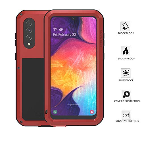 LOVE MEI Samsung Galaxy A50 Custodia, Alluminio Metallo+Vetro Temperato Antiurto Anti-Goccia Anti-Neve Antipolvere Anti Scivolo Astuccio Cassa Robusto Resistente, per Samsung Galaxy A50 (A50, Rosso)