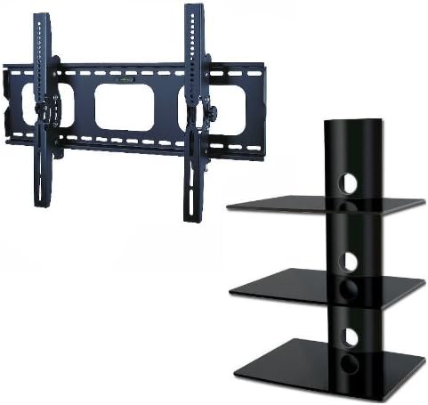 PROMOUNT Package Deal! LED LCD Plasma TV Wall Mount Bracket eith Tilt for 32" - 55" + 3 tier Floating Black Glass Shelves Unit + FREE Fitting hardware for Samsung LG SONY PANSONIC PHILLIPS and more