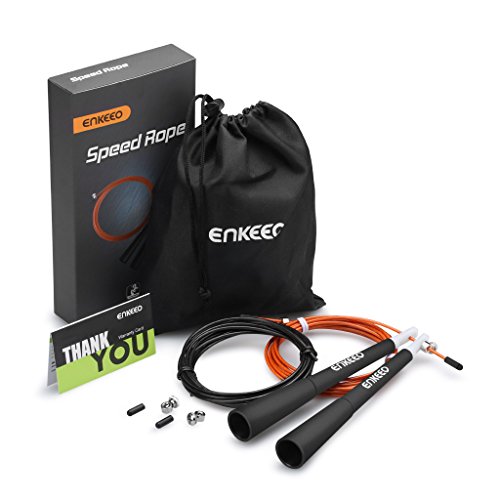 Enkeeo Profi Springseil Speed Rope mit 1 Ersatzseil leichtes verstellbares Stahlseil, Ideal für Sport & Fitness, Boxen, MMA, Faszien Training, Crossfit, WOD mit Transporttasche - 5