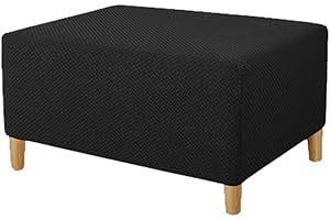 Highdi Funda Otomana de Tejido Jacquard Rectangular, Funda de Reposapiés de Sofá, Funda para Taburete Elástica Extraíble Lavable Protector de Puff con Parte Inferior Elástica (Negro,S)
