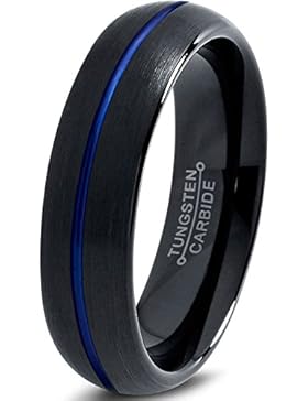 Tungsten Wedding Band Ring 6mm for Men Women Black Blue Center Line Dome Brushed Lifetime Guarantee