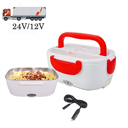 H-Piano 24V 12V Fiambrera Electrica para Coche Termo Comida 40W con Dos Compartimentos y Cuchara Bandeja Extraíble de Acero 304 Inoxidable Portátil 1.5L