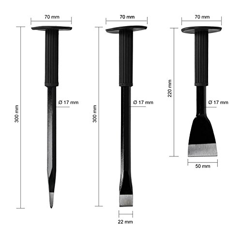 ECD Germany Handmeißel Satz 3-tlg Spitzmeißel Breitmeißel und Flachmeißel mit Handschutz Meißelset Meißel Set - 2