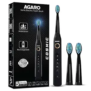 AGARO Cosmic Sonic Electric Toothbrush for Adults with 5 Modes, 3 Brush Heads & Rechargeable with 4 Hours Charge Lasting up to 25 Days, Power Toothbrush, (Black)