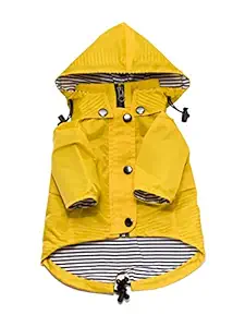 Yellow Zip Up Dog Raincoat with Reflective Buttons, Pockets, Rain/Water Resistant, Adjustable Drawstring, Removable Hood - Size XS to XXL Available - Stylish Premium Dog Raincoats by Ellie (S)