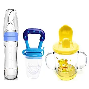 Manan Shopee Baby Cerelac Rice Paste Food Feeder with Baby Fruit Nibbler & Spout Sipper (Combo) (Blue/Blue/Yellow)