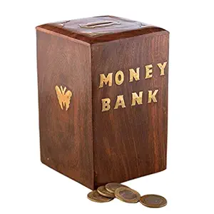 MITRIA TRADERS Handicrafted Wooden Piggy Bank for Girls and Boys (12.5 X 10 X 15 cm, Brown)