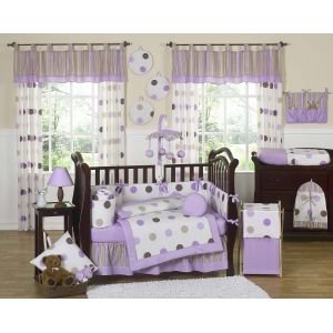Purple and Brown Modern Polka Dots Junior Cot Toddler Bedding 5 pc set