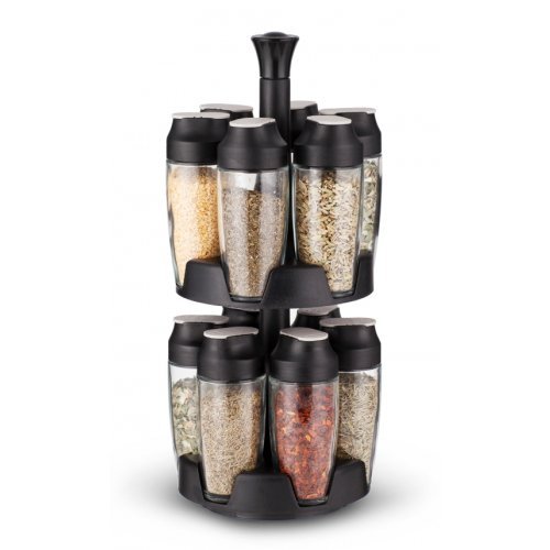 Coninx Spicero Especiero Giratorio | 12 Botes de Cristal con Tapas de Plástico | 14.9cm x 14.9cm x 32.9cm | Organizador de Especias