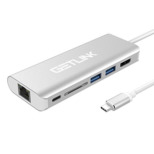 USB C Hub ,Getlink Typ C Hub mit USB C Ladeanschluss, HDMI Port 4K, Gigabit LAN, SD-Kartenleser, 2 USB 3.0 Port Adapter für Typ C Geräte wie MacBook Air, MacBook Pro, Mac Mini, Google Chromebook (Silber)