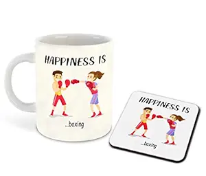 DecorVecor - Happiness is Boxing Printed White Inner Colour Ceramic Coffee Mug with Coaster | Drink | Milk Cup - Best Gift | Happiness, (Design 10)