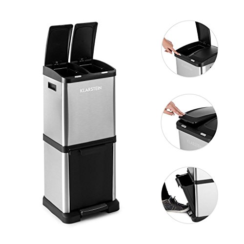 Klarstein Ökosystem² Mülleimer Mülltrenner (30 Liter Volumen, 3 Behälter, 1 x 15 Liter & 2 x 7,5 Liter, Druckknopf- und Fußpedalöffnung, Turmbauweise, PE, Edelstahl) silber - 4