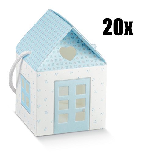 20 PZ Casa Casetta Portaconfetti CELESTE 8x8x8 cm con cordoncino LINEA BLOOM bomboniera