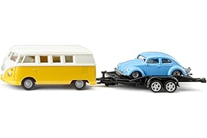 Siku - Volkswagen T1 with Trailer and Beetle - Yellow/White/Blue - Sturdy Model Vehicle Set - Metal and Plastic - PVC Free - Small-Scale Toy - Stable Construction - from 3 Years Old and Up - SK-2567
