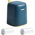 Eidoct Mini Desktop Trash Can with Press Type Lid, Small Waste Garbage Basket Bin for Desk Office Kitchen, Colorful Plastic Trash with 2 Rolls of Trash Bags (Navy Blue)