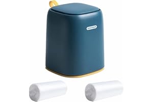 Eidoct Mini Desktop Trash Can with Press Type Lid, Small Waste Garbage Basket Bin for Desk Office Kitchen, Colorful Plastic Trash with 2 Rolls of Trash Bags (Navy Blue)