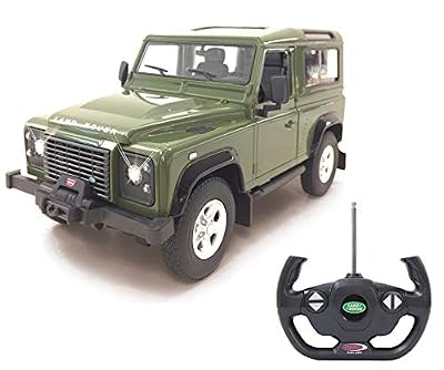 Jamara 405155 - Land Rover Defender 1:14 Vert Portes manuelles -Voiture RC, sous Licence Officielle, Environ 1 Heure de Conduite, 9 Km/h, intérieur détaillé, Finition de Haute qualité, éclairage LED