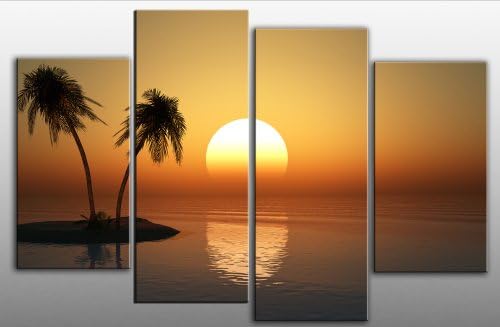 Large Sunset Seascape Canvas Picture 4 pieces multi panel split canvas completely ready to hang hanging cord attached, hanging template included for easy hanging, hand made printed to order UK company 40” width 28” height