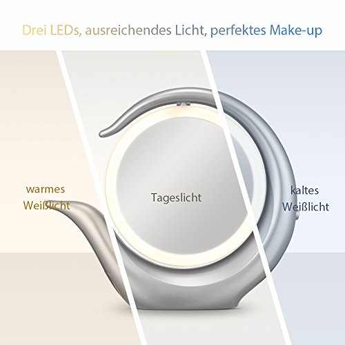 Jerrybox LED Beleuchteter Schminkspiegel, Zweiseitiger Kosmetikspiegel mit 1× / 7× Vergrößerung, Makeup Spiegel mit Beleuchtung, 360 Grad Drehbare Spiegel mit Eingebauter Schublade, Einstellbar und Dimmbar Tischspiegel, Silber - 2