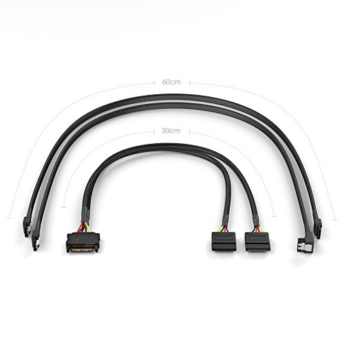 KabelDirekt 15-Pin SATA auf 2x 15-Pin SATA Stromkabel 30 cm + 7-Pin SATA 3 Datenkabel 6 Gbit/s 90° gewinkelt 60 cm + 7-Pin SATA 3 Datenkabel 6 Gbit/s 60 cm - 2