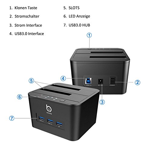 Techkoo Dual Bay Festplatten Dockingstationen, Festplatten Docking Station mit 3Ports USB 3.0 Hub, mit Netzteil Adapter, SATA 2,5/ 3,5Zoll HDD SSD SATA Festplatten - 6