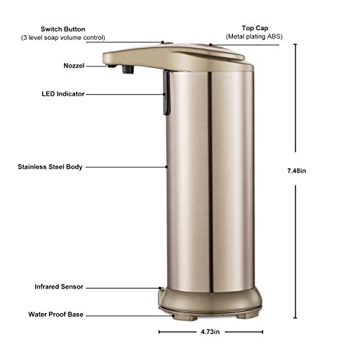 Automatische Seifenspender mit wasserdichtem Gehäuse, gebürstetem Edelstahl Seifendosierer integrierter Infrarot-Smart-Sensor vollautomatisch berührungslos Wasserdicht Basis Für Küche Bad Desinfektionsmittel Shampoo Emulsion - 4